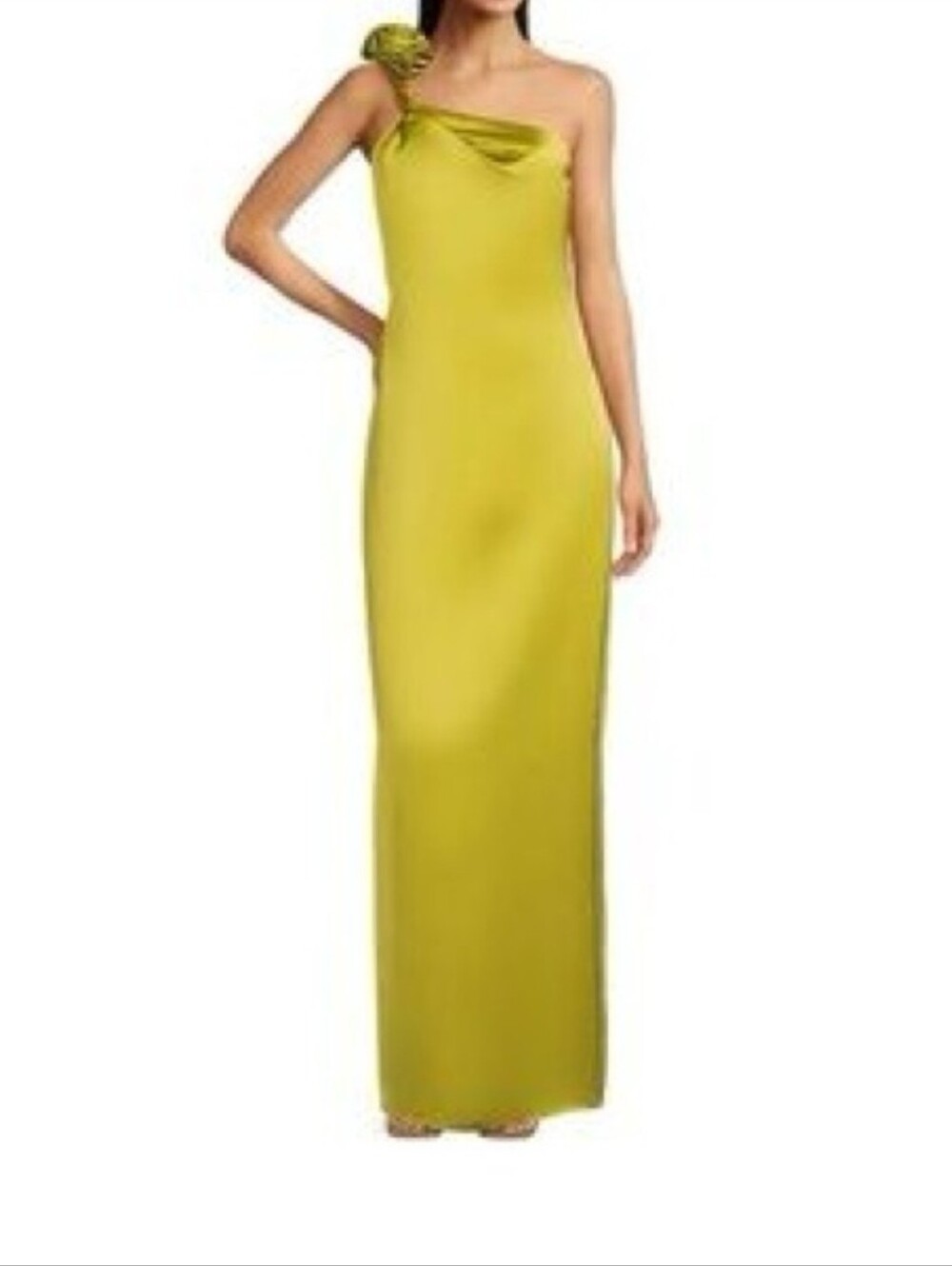 Marchesa One-Shoulder Citrene Evening Gown with Rosette Strap
